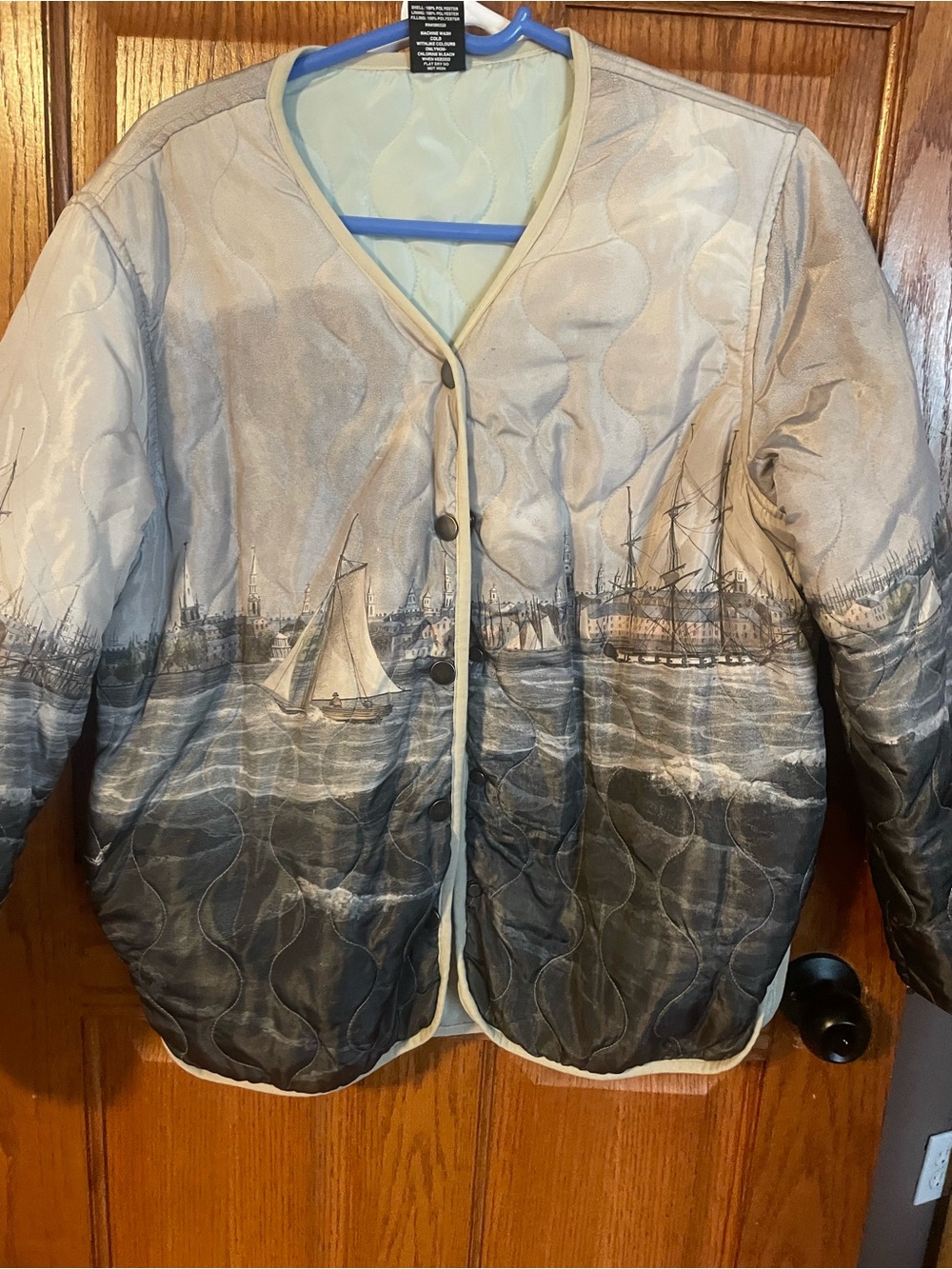 Urban Outfitters Nautical Print Quilted Puffer Jacket in Light Gray and Cream